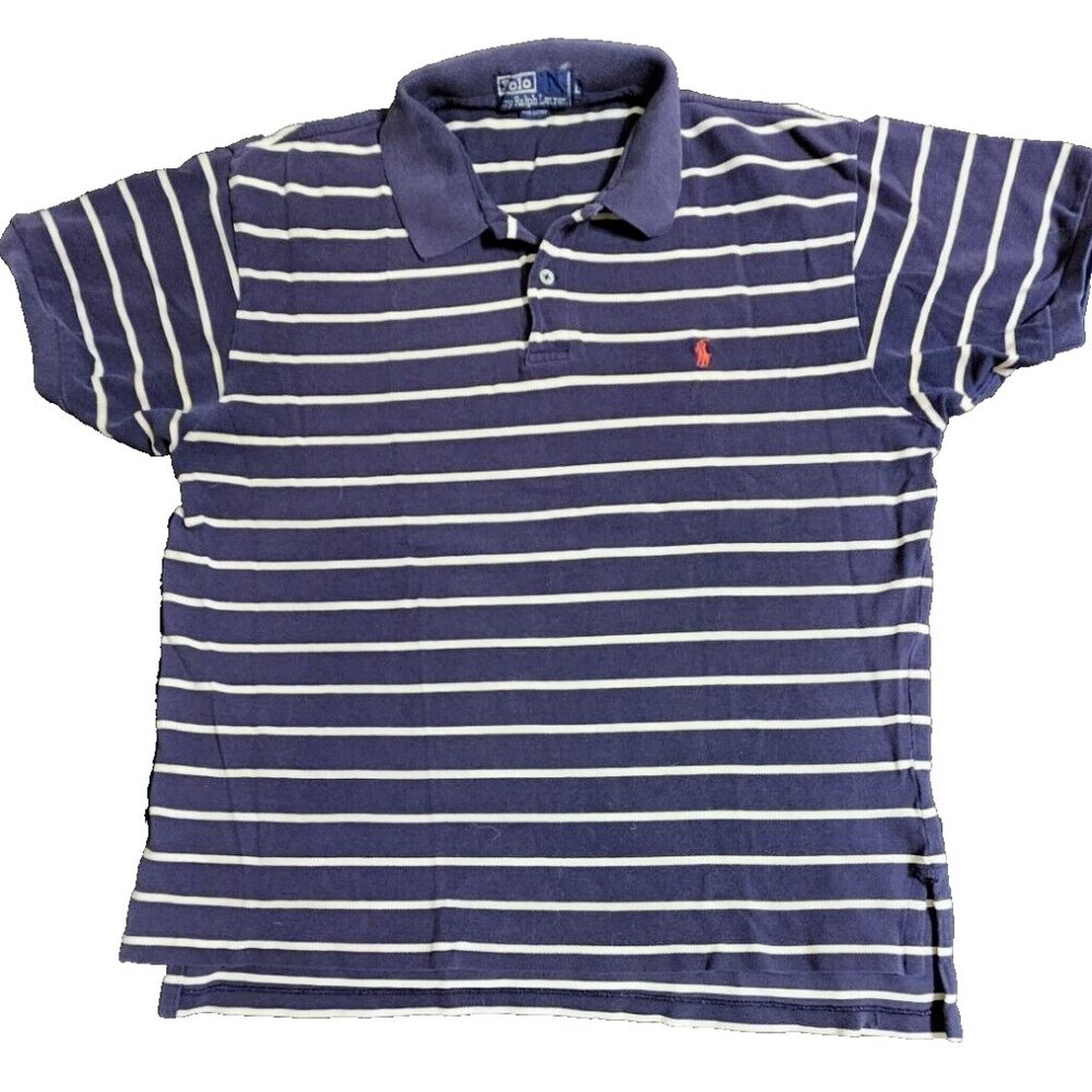 Men's Ralph Lauren POLO navy blue white stripe golf shirt L red pony